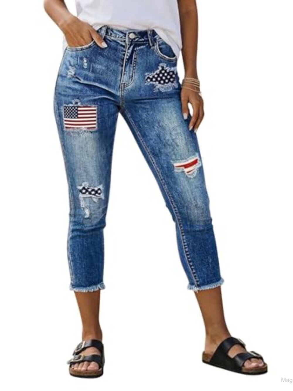 Mid Rise Capri Skinny Jeans Ripped Raw Hem Women's Size